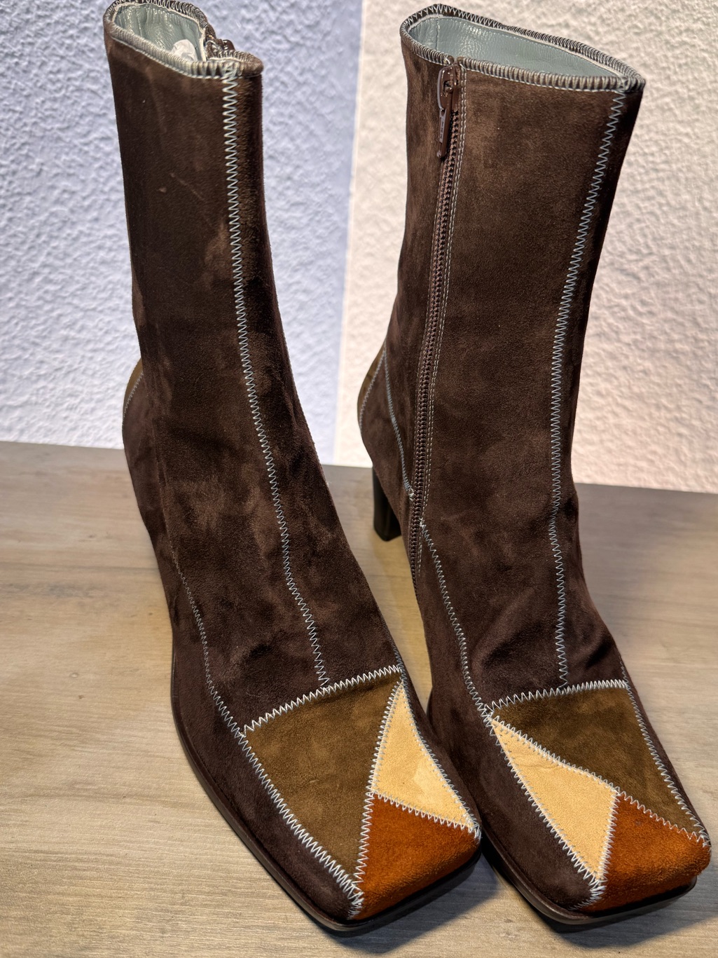Materia Prima Italy Patchwork Suede Ankle Boots Eu 39.5 Us 9 Brown Nwot